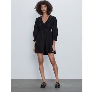 ZARA Poplin Flounce Faux Leather Collar Black Mini Dress Women's Sz XS Preowned